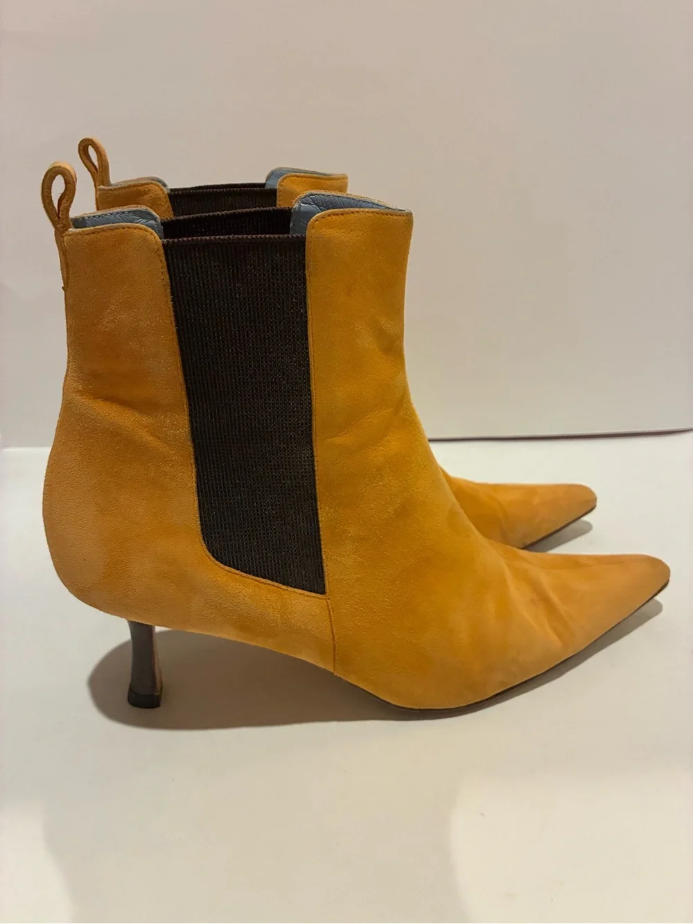 Lambertson Truex  suede pointed toe heeled ankle boots.  Stretch panels. Sz 39